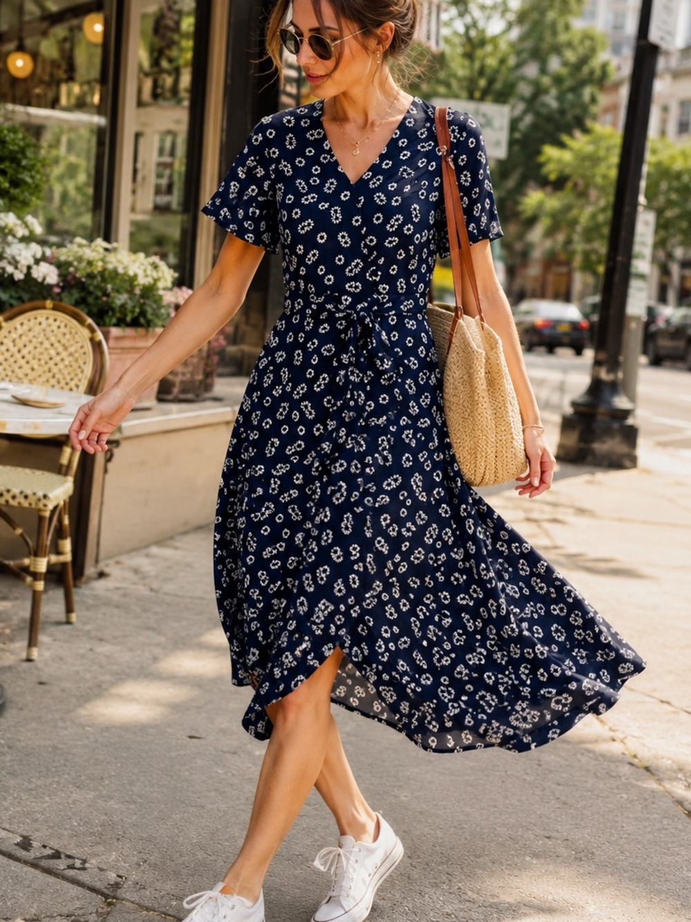 Talbots Daisy Wrap Midi Dress Navy Floral Belted V-Neck Size 2